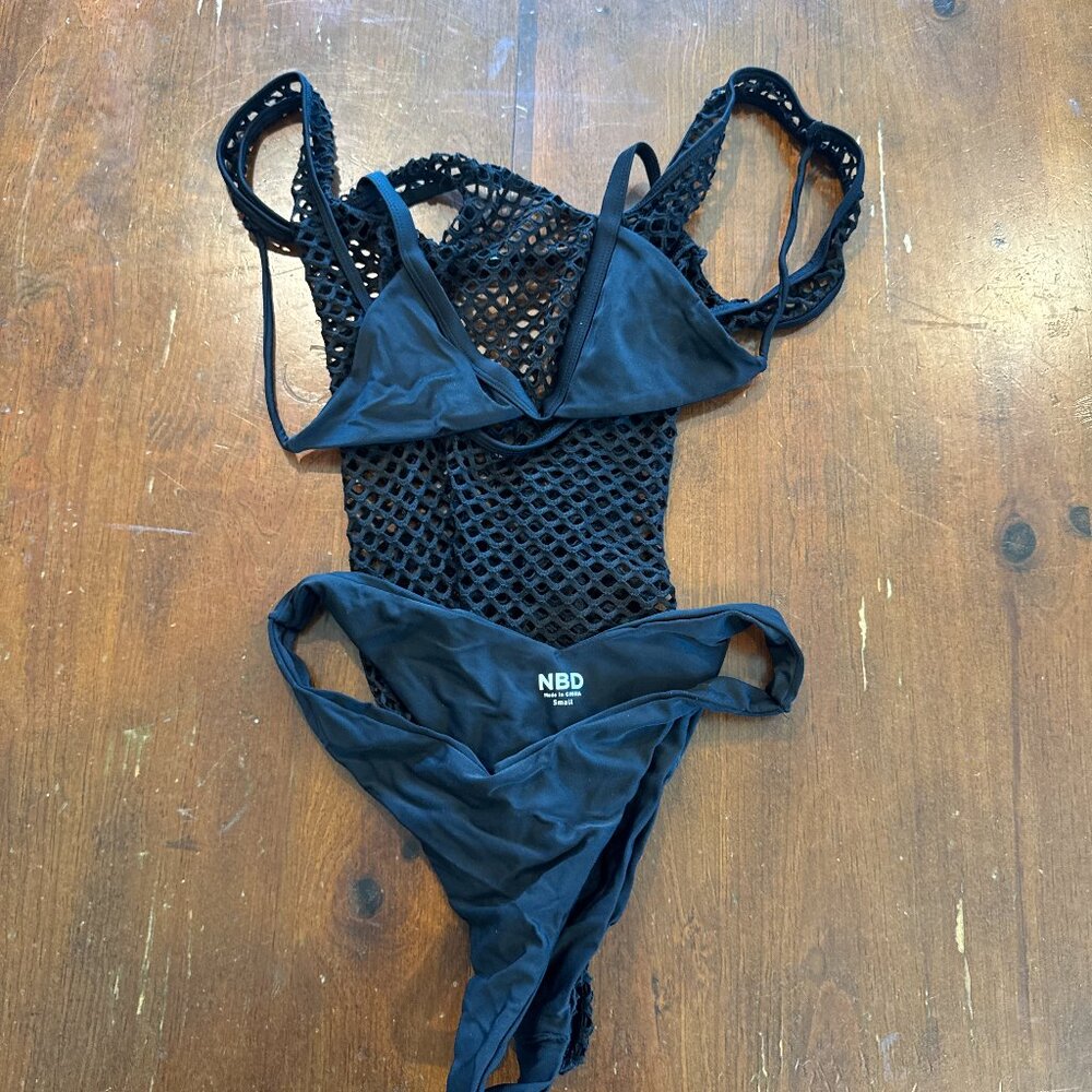 NBD Black Fishnet One Piece Swimsuit Small